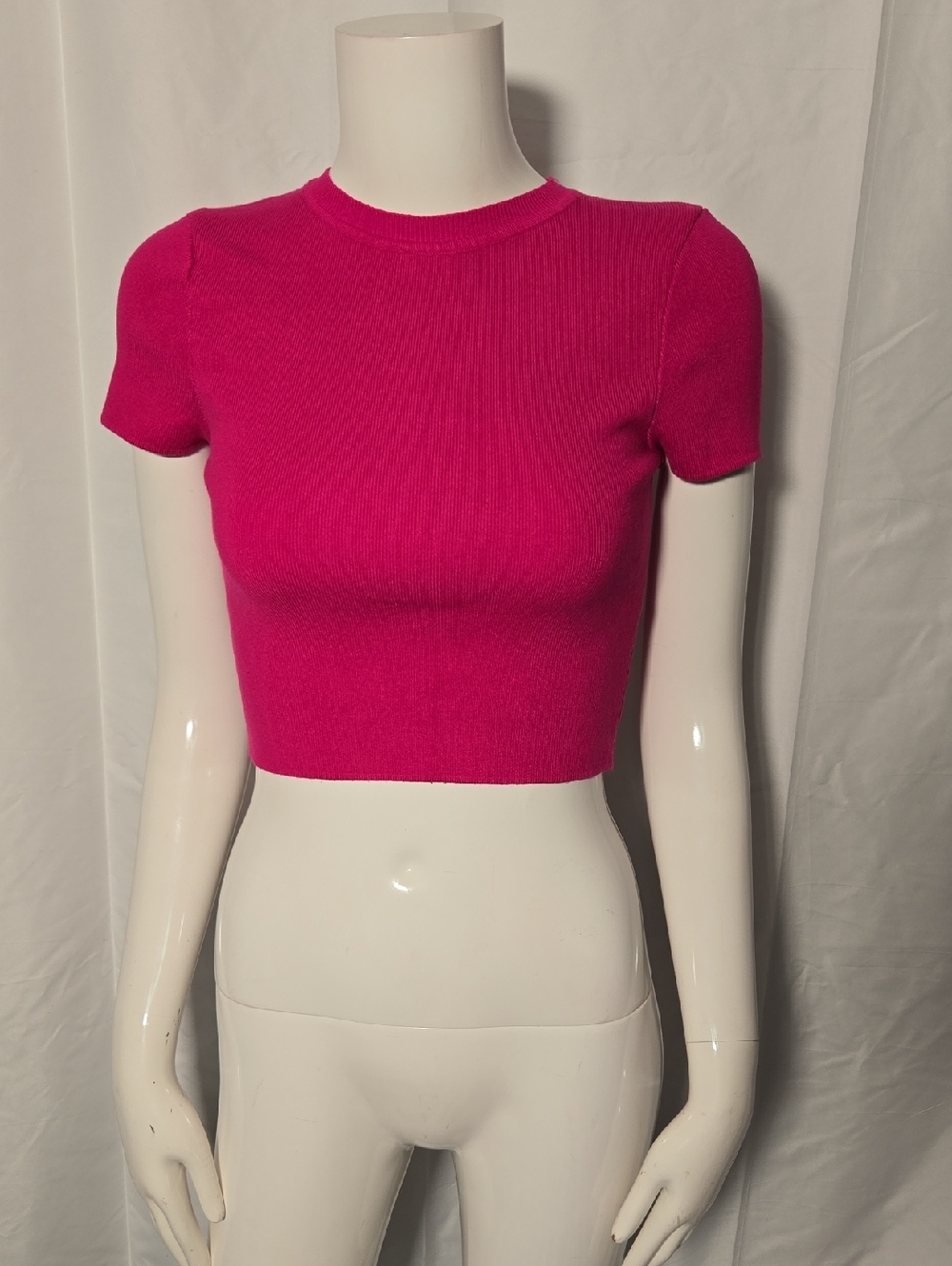 Zara Hot Pink Ribbed Short Sleeve Crop Top